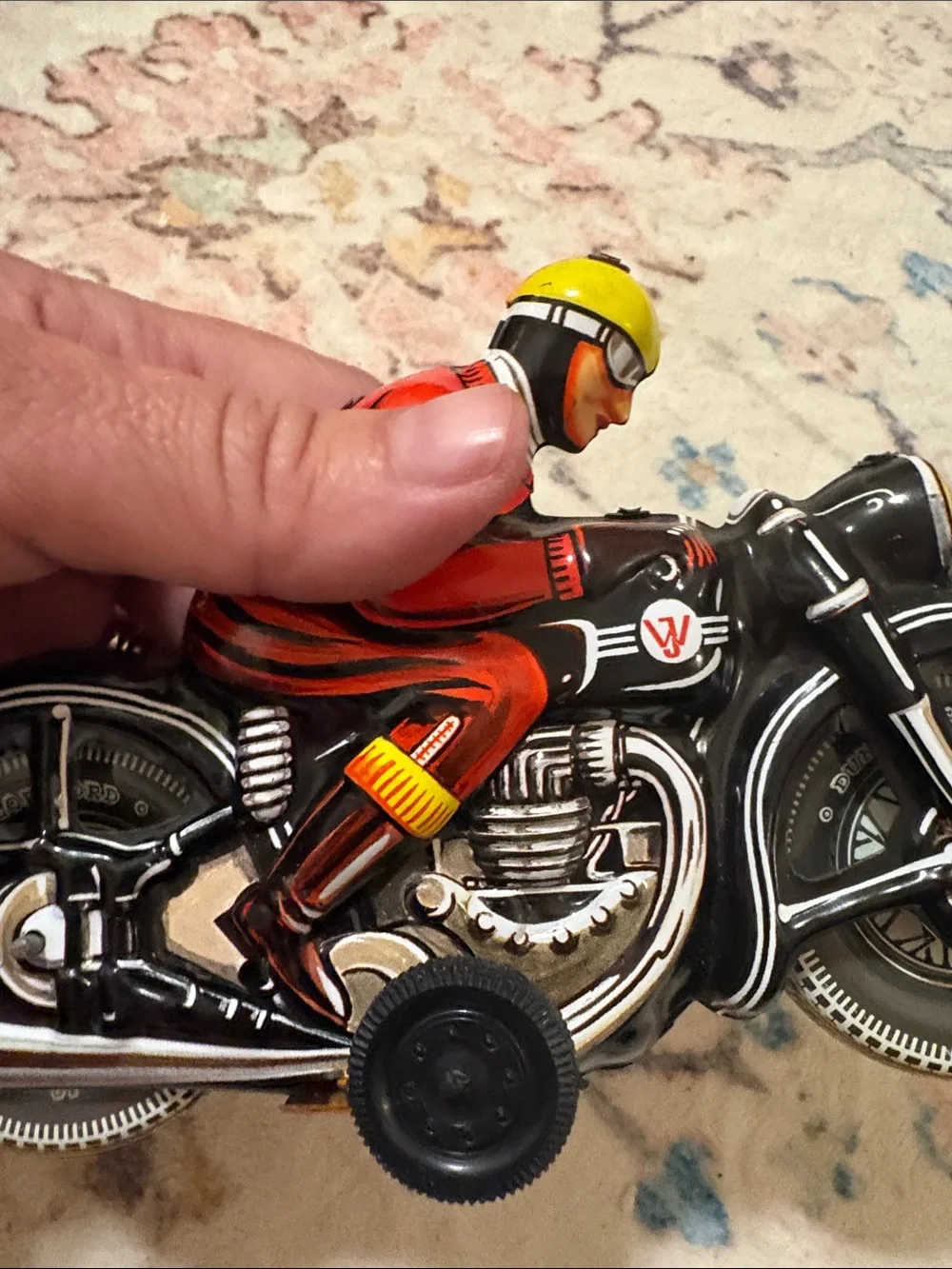 Vintage Tin Toy Motorcycle Joseph Wagner West German Dunlop Cord.